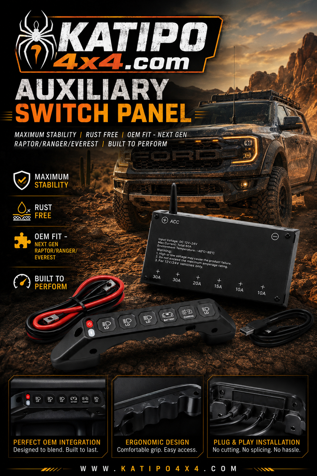 2022+ FORD RANGER, EVEREST & RAPTOR WIRELESS AUX SWITCH GRAB HANDLE SWITCH PANEL
