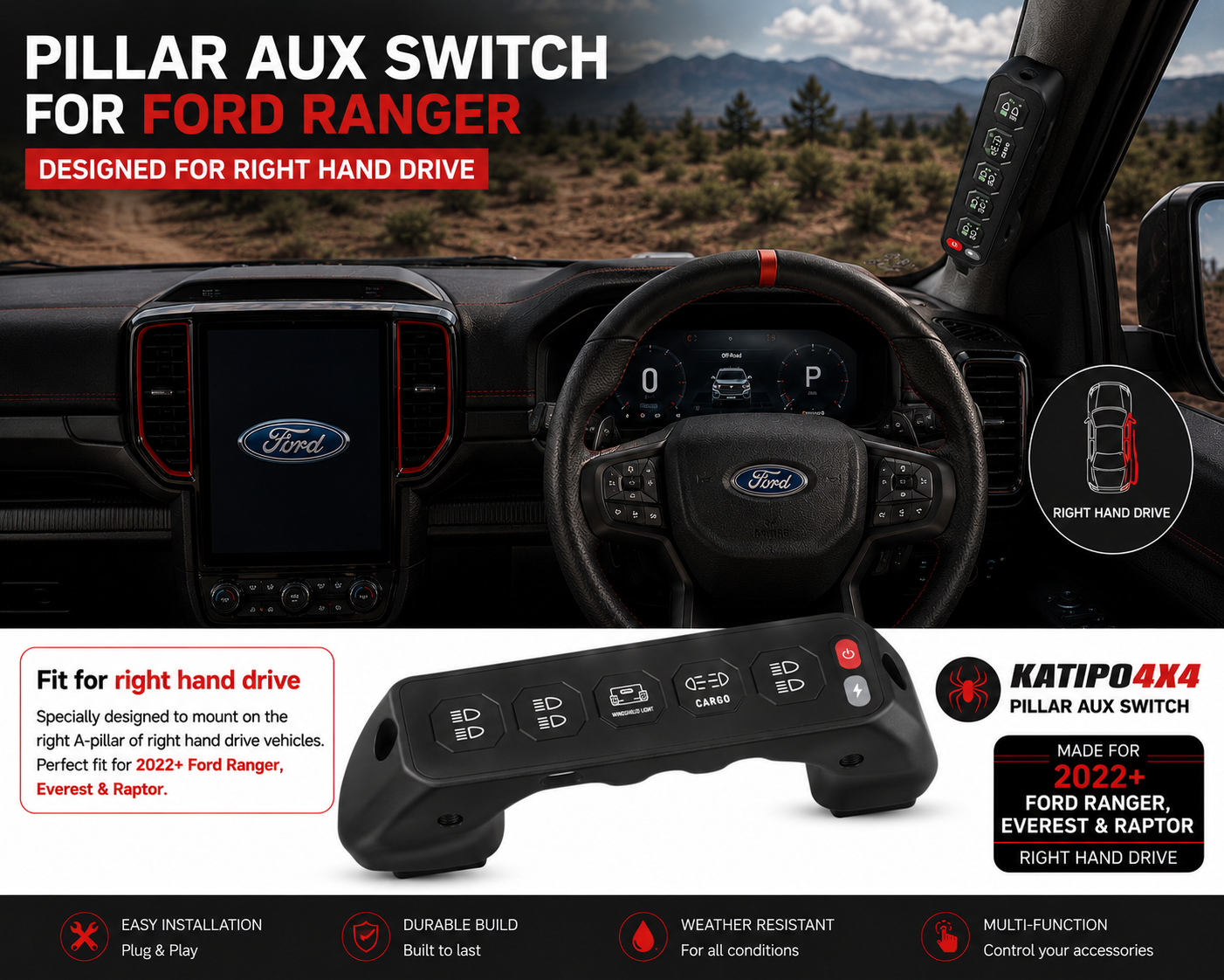 2022+ FORD RANGER, EVEREST & RAPTOR WIRELESS AUX SWITCH GRAB HANDLE SWITCH PANEL