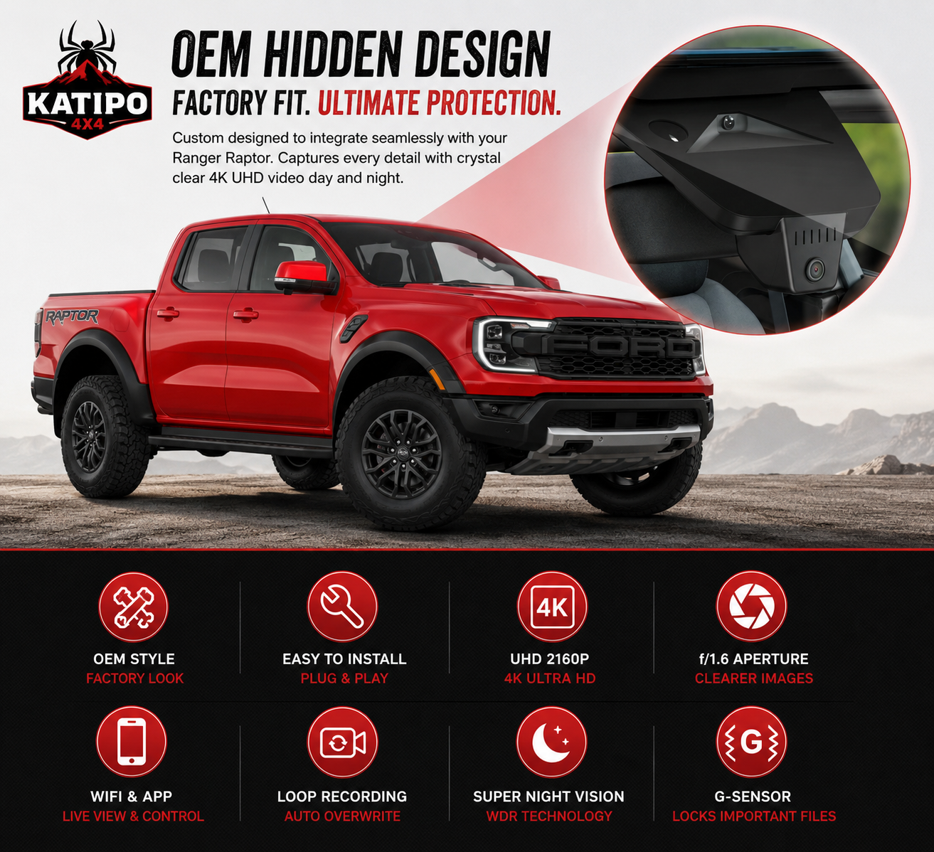 4K Dashcam for Ford Ranger, Everest & Raptor 2022+ ( Plug & Play Perfect fit ) Front & Rear Cam Option