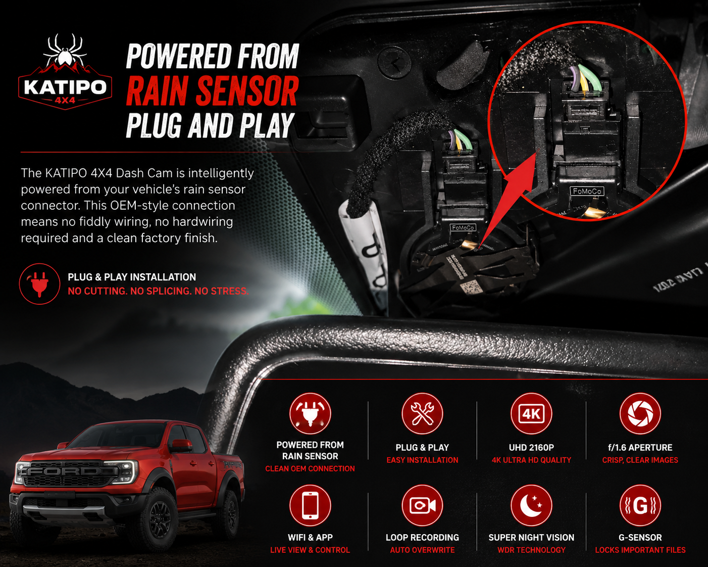 4K Dashcam for Ford Ranger, Everest & Raptor 2022+ ( Plug & Play Perfect fit ) Front & Rear Cam Option