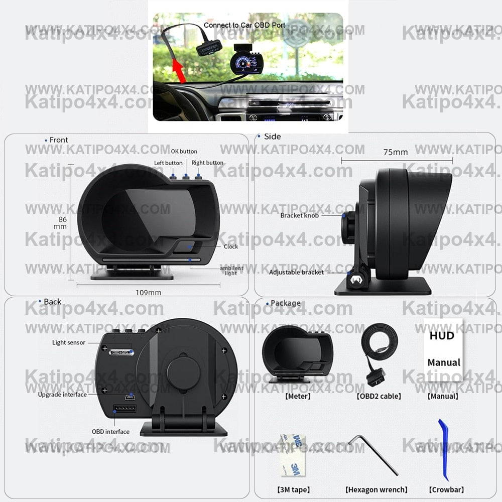 Vjoycar V60 Newest Head Up Display Auto Display OBD2+GPS Smart Car HUD Gauge Digital Odometer Security Alarm Water&amp;Oil Temp. RPM
