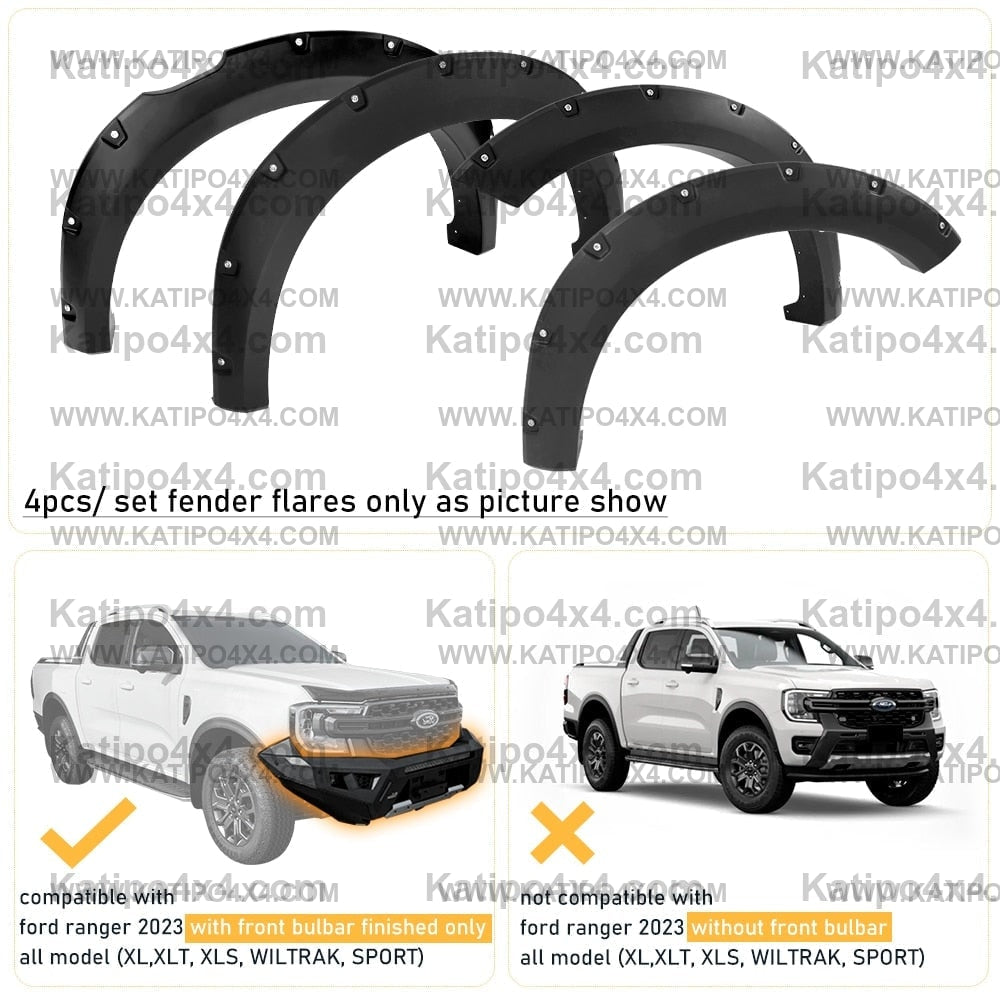 Bolt Style Fender Flares  For Ford Ranger 2023+ Next-Gen WILDTRAK SPORT XLT XLS XL With Front Bulbar 4''